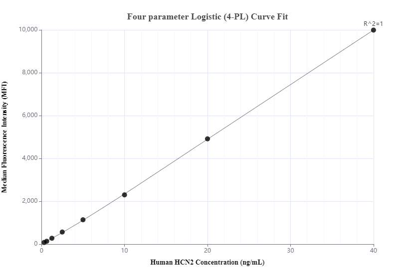 Cytometric bead array standard curve of MP00160-1, HCN2 Recombinant Matched Antibody Pair, PBS Only. Capture antibody: 81025-5-PBS. Detection antibody: 81025-4-PBS. Standard: Ag34038. Range: 0.313-40 ng/mL.